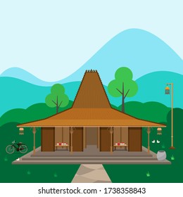 Vector illustration of a traditional house rumah joglo from Central Java indonesia with bird cage and country side theme