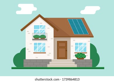 Vector illustration of traditional house with solar panels on the roof. Green energy and eco friendly concept, background