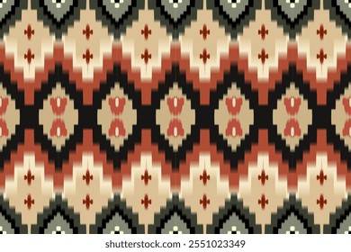Vector illustration of traditional Ikat Geometric Pattern. Boho textile art. Ethnic folk weaving design. Abstract tribal motif Seamless woven fabric for clothing, wallpaper and decorations.