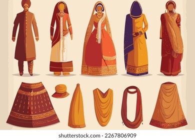 Ilustración vectorial de la ropa tradicional india con antecedentes aislados