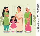 Vector illustration of a traditional Indian family with 4 generations of women - daughter, mother, grandmother and great-grandmother, wearing saree and salwar