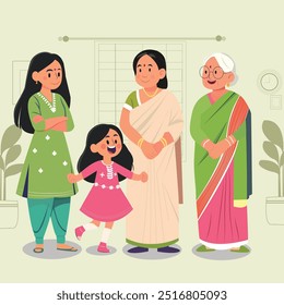 Ilustração vetorial de uma família tradicional indiana com 4 gerações de mulheres - filha, mãe, avó e bisavó, vestindo sarau e salwar