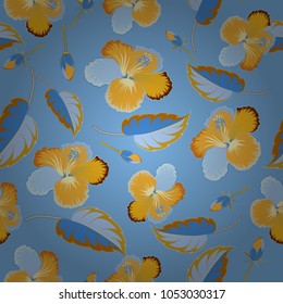 Vector illustration. Traditional Indian floral seamless pattern with motley hibiscus flowers in blue and yellow colors.