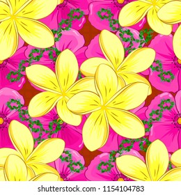 Vector illustration. Traditional Indian floral seamless pattern with motley plumeria flowers in magenta, pink and yellow colors.