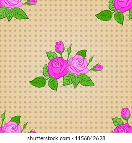 Vector illustration. Traditional Indian floral seamless pattern with motley rose flowers and green leaves in beige, green and pink colors.