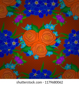 Vector illustration. Traditional Indian floral seamless pattern with motley rose flowers and green leaves in blue, green and orange colors.