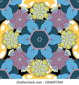 Vector illustration. Traditional Indian floral seamless pattern in blue, green and yellow colors.