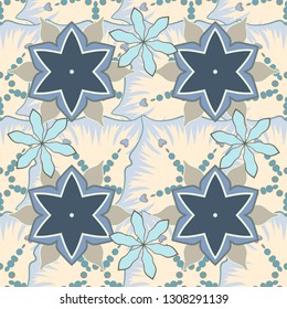 Vector illustration. Traditional Indian floral seamless pattern in blue, gray and beige colors.
