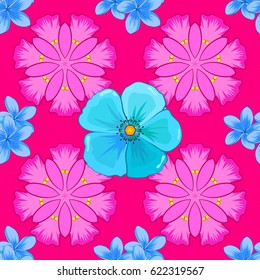 Vector illustration. Traditional Indian floral seamless pattern with motley cosmos flowers on a magenta background.