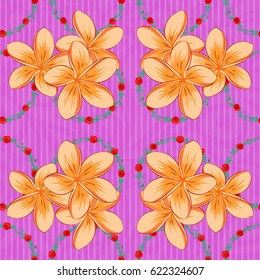 Vector illustration. Traditional Indian floral seamless pattern with motley plumeria flowers on a violet background.