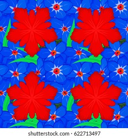 Vector illustration. Traditional Indian floral seamless pattern with motley forget-me-not flowers on a green background.