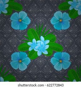 Vector illustration. Traditional Indian floral seamless pattern with motley plumeria flowers on a gray background.