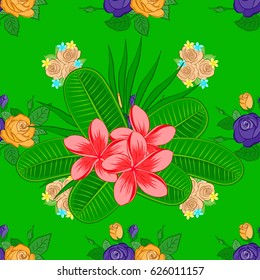 Vector illustration. Traditional Indian floral seamless pattern with motley plumeria flowers on a green background.