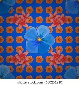 Vector illustration. Traditional Indian floral seamless pattern with motley cosmos flowers on a blue background.