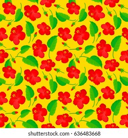 Vector illustration. Traditional Indian floral seamless pattern with motley hibiscus flowers on a yellow background.