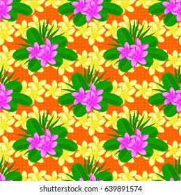 Vector illustration. Traditional Indian floral seamless pattern with motley plumeria flowers on a orange background.
