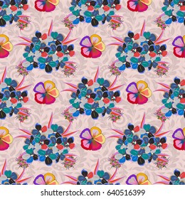 Vector illustration. Traditional Indian floral seamless pattern in blue and pink colors.
