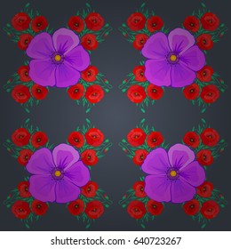 Vector illustration. Traditional Indian floral seamless pattern with motley poppy flowers on a gray background.