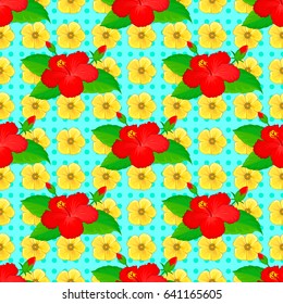 Vector illustration. Traditional Indian floral seamless pattern with motley hibiscus flowers on a blue background.