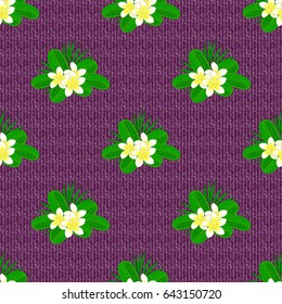 Vector illustration. Traditional Indian floral seamless pattern with motley plumeria flowers on a purple background.