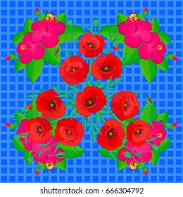 Vector illustration. Traditional Indian floral seamless pattern with motley poppy flowers on a blue background.