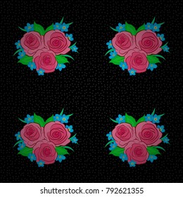Vector illustration. Traditional Indian floral seamless pattern with motley rose flowers and green leaves in pink, gray and black colors.