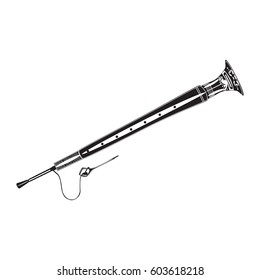 Vector illustration of traditional Indian shehnai, isolated on white background. Black and white wind musical instrument flat style design.