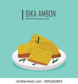 Vector Illustration Of A Traditional Indonesian Cake, Bika Ambon Honeycomb Cake Made Of Flour With Square Slices On A White Plate With Pandan Leaf Decoration