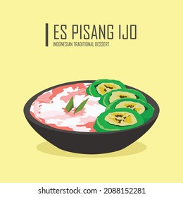 Vector illustration of a traditional Indonesian dessert, green banana ice with red syrup served in a bowl.