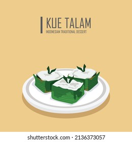 Vector Illustration Of A Traditional Indonesian, Indonesian Dessert. Traditional Talam Cake Made From Rice Flour, Coconut Milk And Tapioca Flour With Pandan Leaf Decoration Wrapped In Banana Leaves