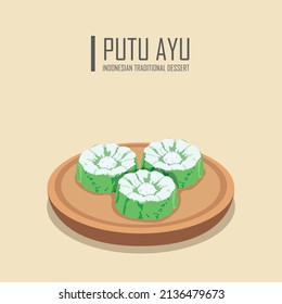 Vector Illustration Of Traditional Indonesian Dessert. Putu Ayu Steamed Cake Made From Grated Coconut Rice Flour With Pandan Leaf Flavor