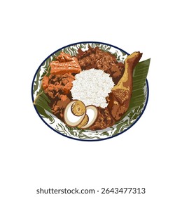 Ilustração vetorial do gudeg indonésio tradicional, um prato javanês de Yogyakarta, com arroz, jaca jovem cozida, frango, ovo, krecek sambal e folhas de banana