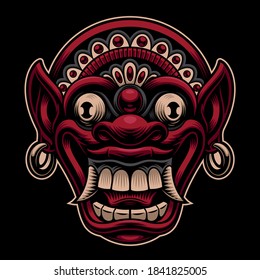 A vector illustration of traditional Indonesian mask isolated on dark background. This illustration can be used as a shirt print or as a logotype.