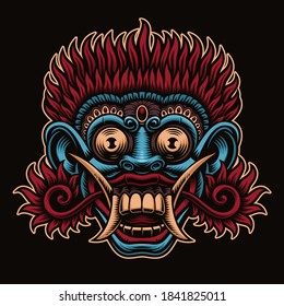 A vector illustration of traditional Indonesian Mask Barong isolated on dark background. This illustration can be used as a shirt print as well as for other uses.