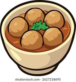 Vector illustration of a traditional Indonesian meatball soup (Bakso) in a bowl without noodles. Traditional street food served in savory broth with meatballs and garnish.