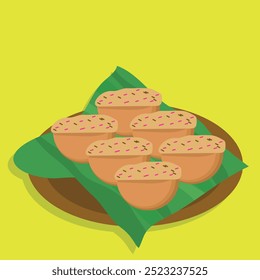 Ilustración vectorial de pastel tradicional indonesio Pukis, dispuesto en una hoja de plátano y un plato. La deliciosa merienda tiene un exterior marrón dorado, textura suave y chocolate y chispas