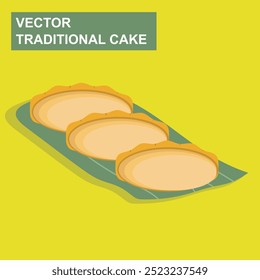 Ilustración vectorial de pastel tradicional indonesio Pukis, dispuesto en una hoja de plátano y un plato. La deliciosa merienda tiene un exterior marrón dorado, textura suave y chocolate y chispas