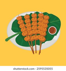 Vector illustration of traditional Indonesian satay served on skewers with peanut sauce, presented on a banana leaf over a white plate. 