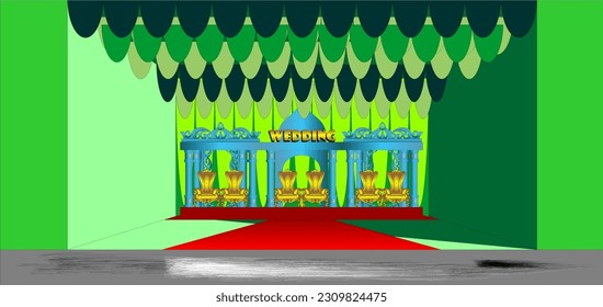 The vector illustration of a traditional Indonesian wedding altar on a green background is enchanting, romantic, and conveys a sense of sacredness and beauty symbolizing a happy and holy marriage