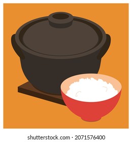 Ilustración vectorial de la tradicional olla de arcilla japonesa, tazón y arroz.