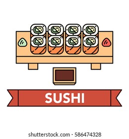 Vector illustration of a traditional Japanese cuisine - sushi on withe background with lettering on a ribbon. Japanese culture, traditions and cuisine.