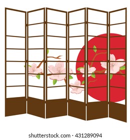 Vector illustration traditional japanese folding screen. Six pane wooden screen. Blossom branch of pink sakura flowers on japan flag. Japanese symbol