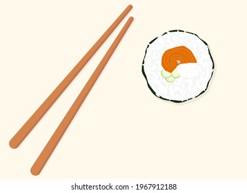 Vector illustration. Traditional Japanese food sushi. One sushi and wooden sticks