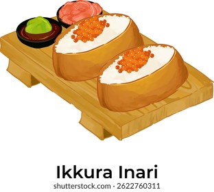 Vector illustration of traditional Japanese food featuring ramen and assorted sushi. Colorful and detailed design perfect for restaurant menus, food packaging, culinary blogs, or Asian cuisine project