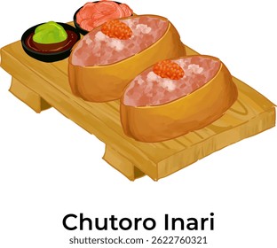 Vector illustration of traditional Japanese food featuring ramen and assorted sushi. Colorful and detailed design perfect for restaurant menus, food packaging, culinary blogs, or Asian cuisine project