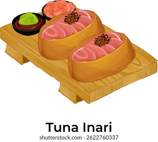 Vector illustration of traditional Japanese food featuring ramen and assorted sushi. Colorful and detailed design perfect for restaurant menus, food packaging, culinary blogs, or Asian cuisine project