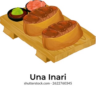 Vector illustration of traditional Japanese food featuring ramen and assorted sushi. Colorful and detailed design perfect for restaurant menus, food packaging, culinary blogs, or Asian cuisine project