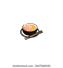 Vector illustration of a traditional Japanese ramen bowl with egg, sliced pork, and chopsticks. Clean white background. Perfect for menus, culinary apps, and Asian food content.


