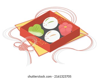 Vector illustration of traditional Japanese sweets - Wagashi - in a presentation box. 