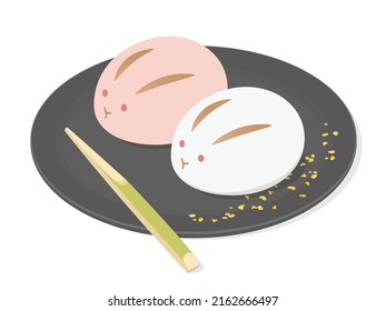 Ilustración vectorial de los dulces japoneses tradicionales - Wagashi - en forma de conejos rojos y blancos.